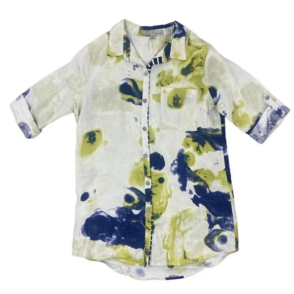 Earl Rutenberg Linen Button Up Shirt Size 4 Lagenlook Roll Tab White Watercolor - Picture 14 of 16